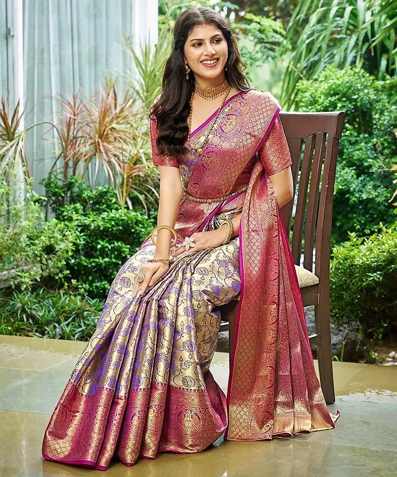 Purple soft silk blend kanjeevaram zari work saree with blouse piece