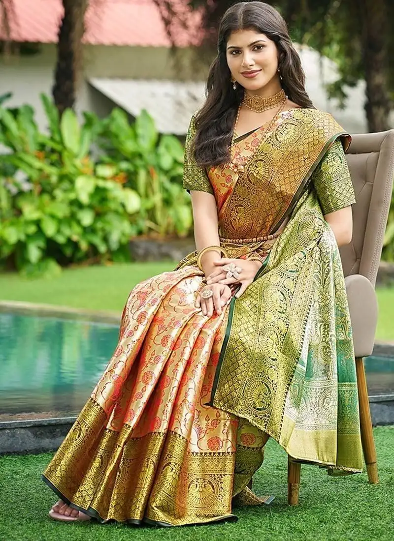 Red soft silk blend kanjeevaram zari work saree with blouse piece