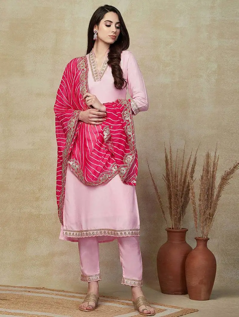 Pink women embroidered viscose silk blend kurta pant dupatta set