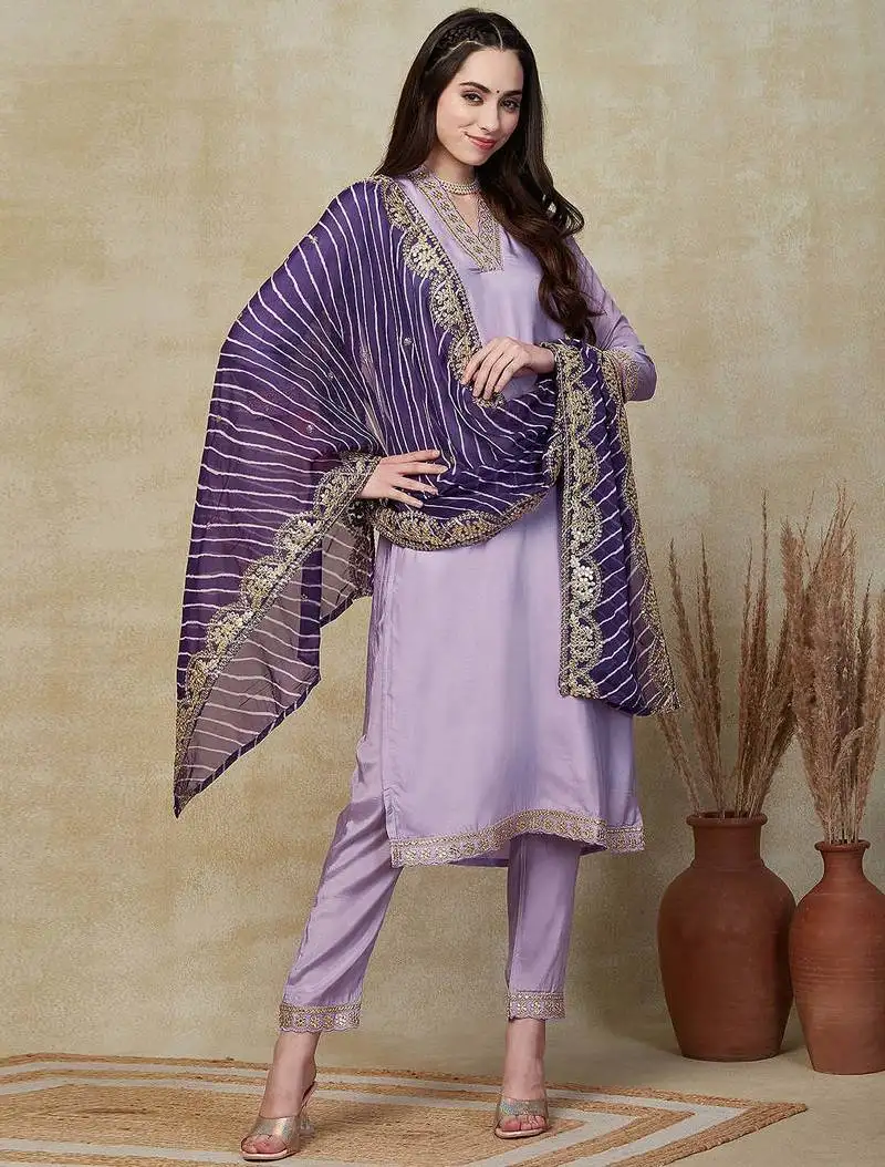 Purple women embroidered viscose silk blend kurta pant dupatta set