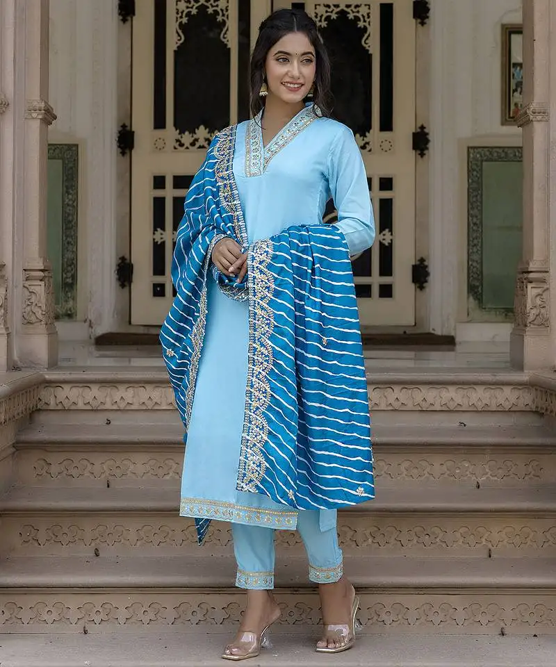 Sky blue women embroidered viscose silk blend kurta pant dupatta set