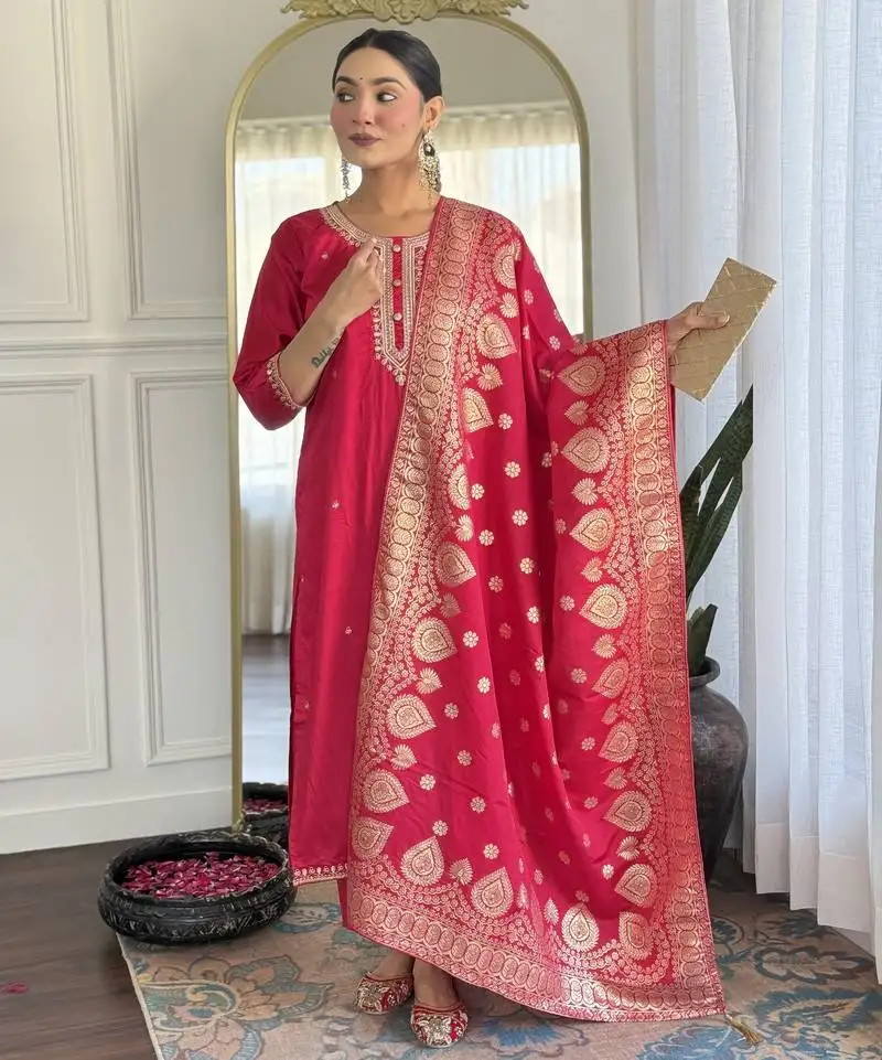 Pink embroidery chanderi silk straight kurta pant set with jacquard dupatta