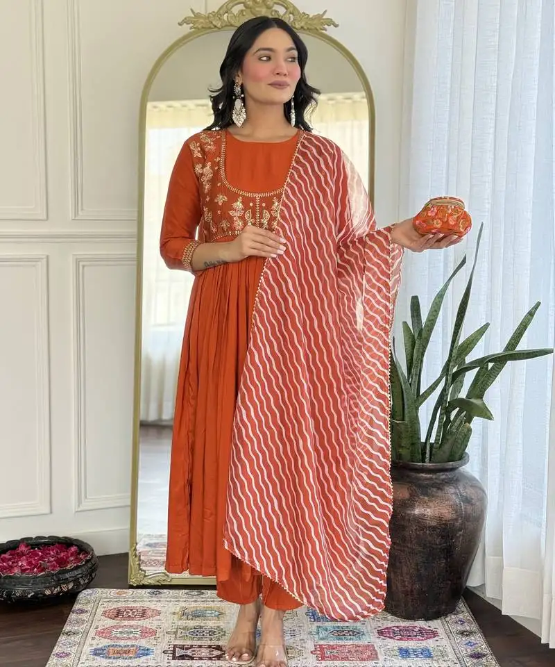 Orange embroidery viscose silk anarkali kurta set with chanderi dupatta