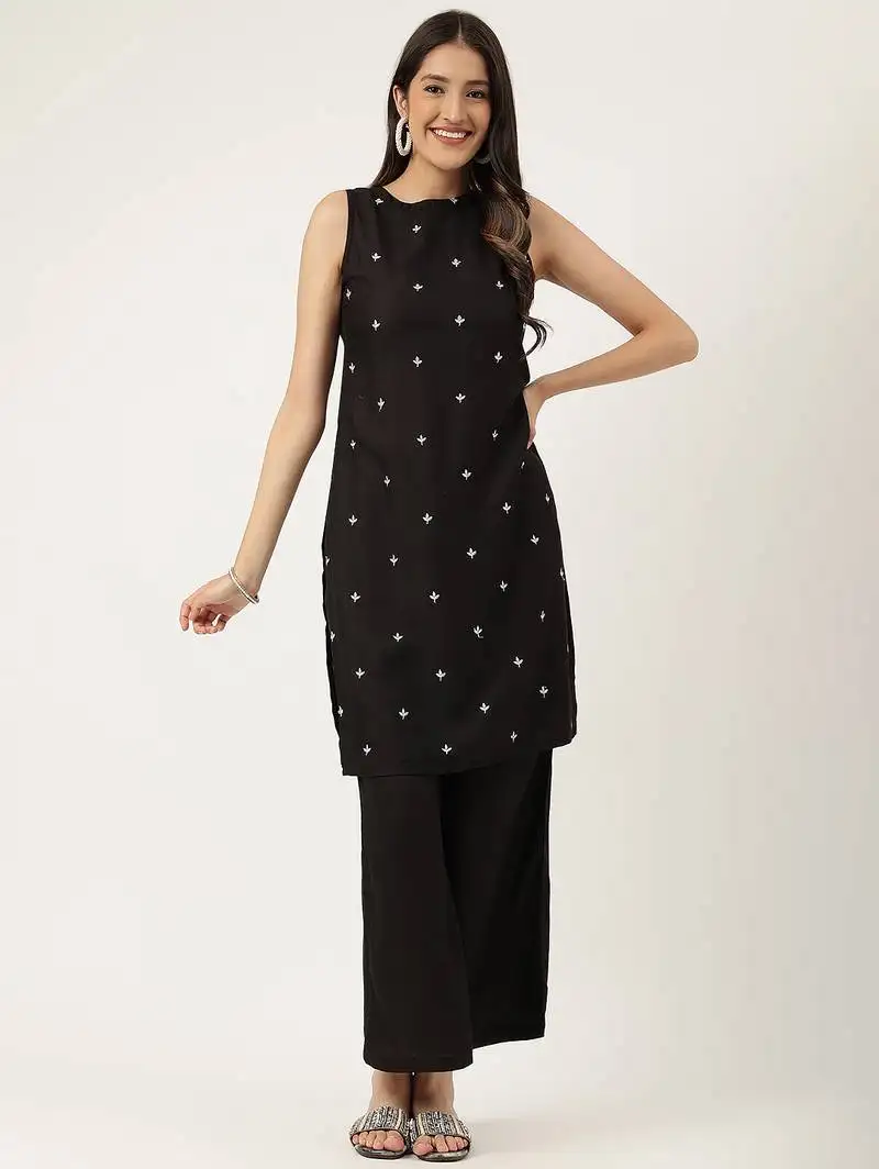 Women black rayon & embroidered work straight kurta bottom set