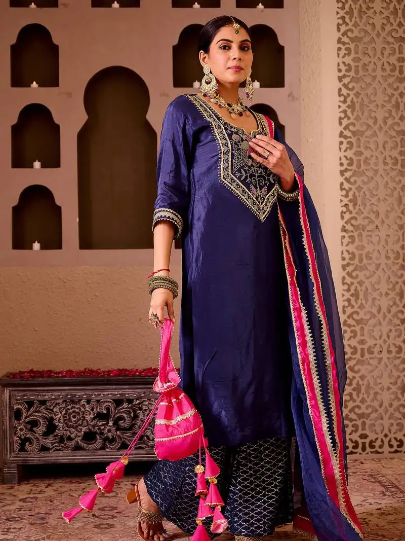 Ashnoor navy blue silk hand embroidered suit set