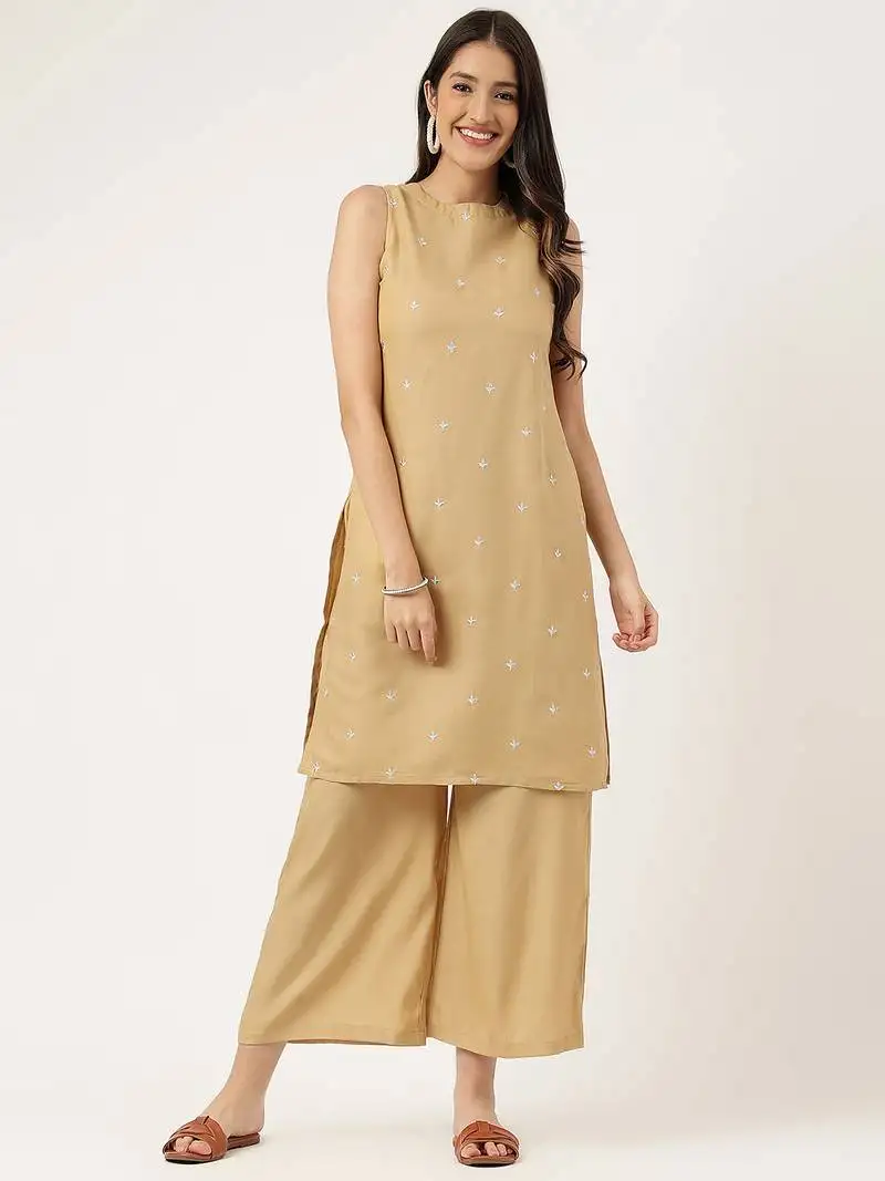 Women beige rayon & embroidered work straight kurta bottom set