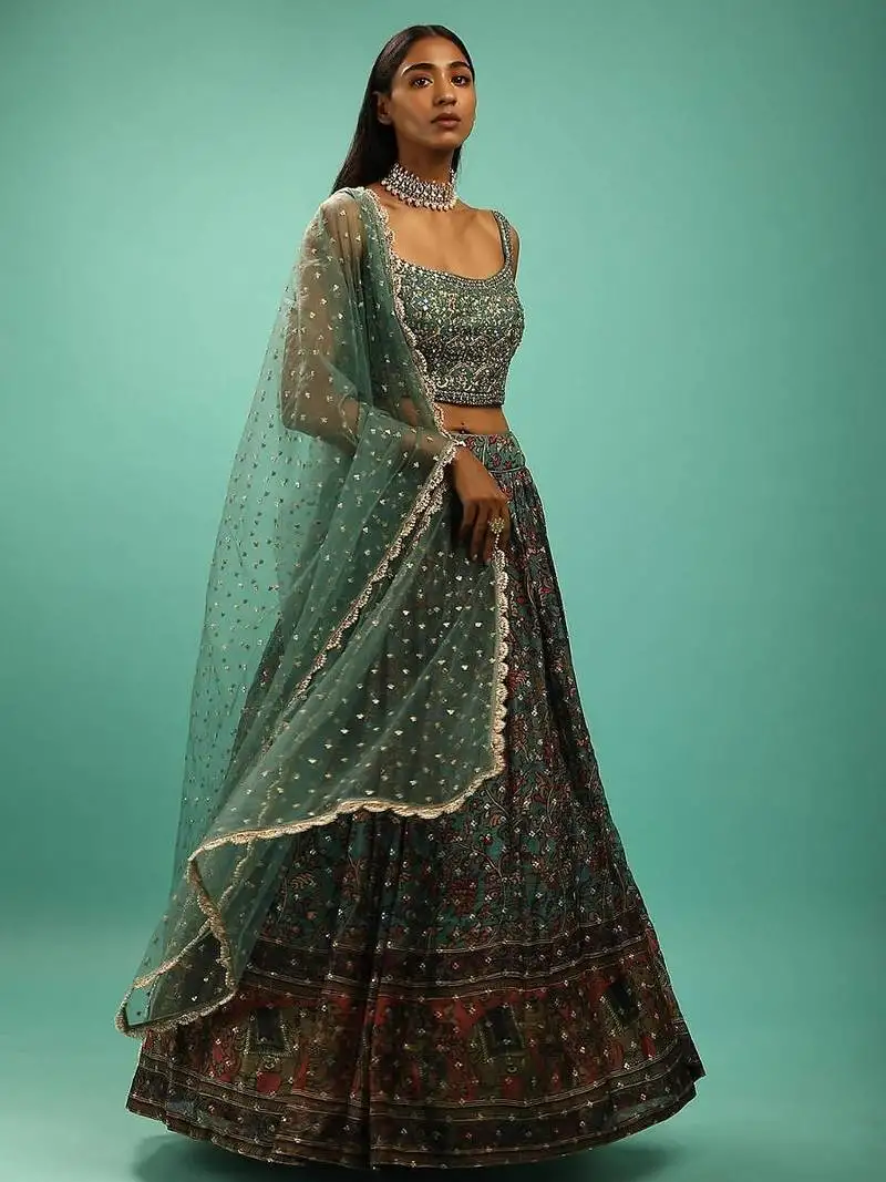Charming green chinon digital print designer party wear lehenga choli