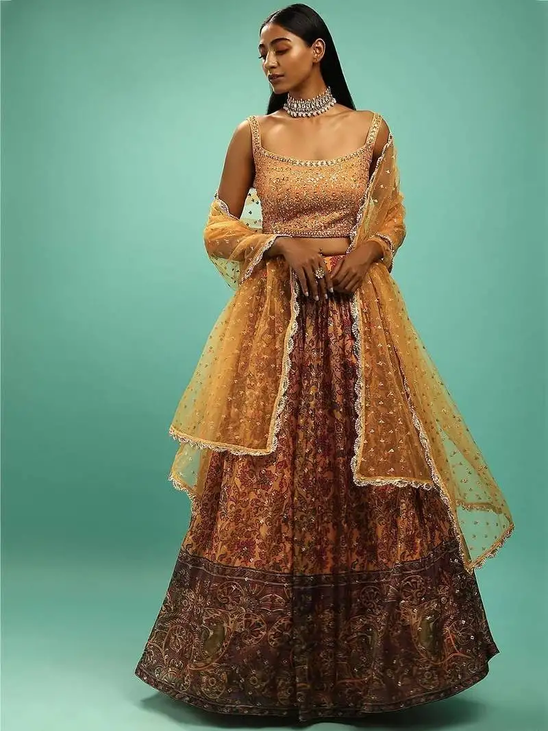 Awesome yellow chinon digital print designer reception wear lehenga