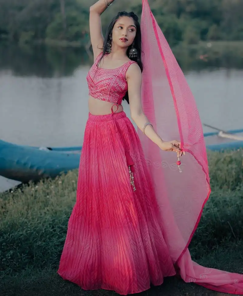 Stunning pink digital printed organza engagement wear lehenga choli