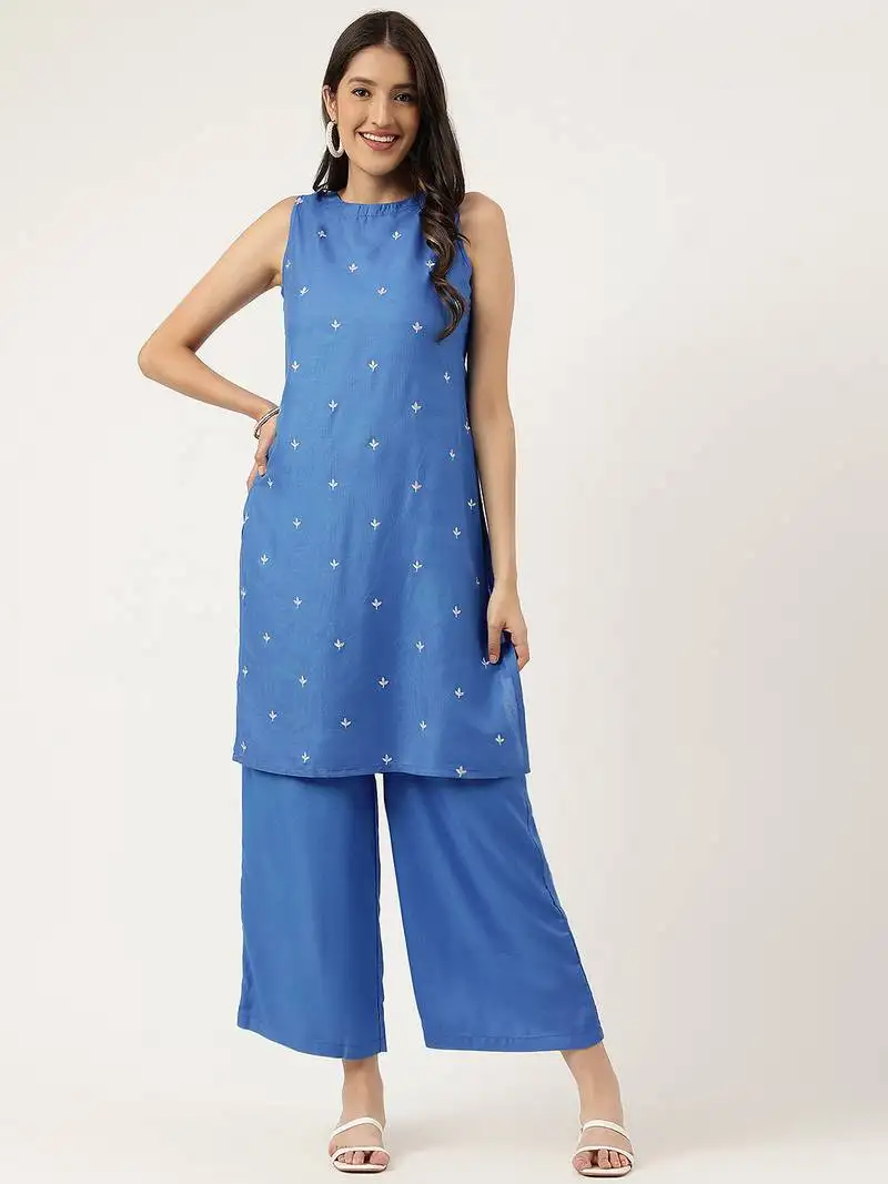 Women blue rayon & embroidered work straight kurta bottom set