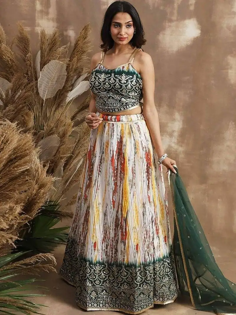 Enchanting white & green sequins chinon festival wear lehenga choli