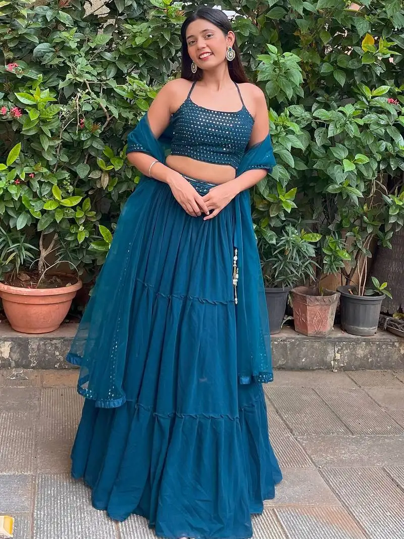 Sweet teal blue georgette party wear lehenga choli with dupatta