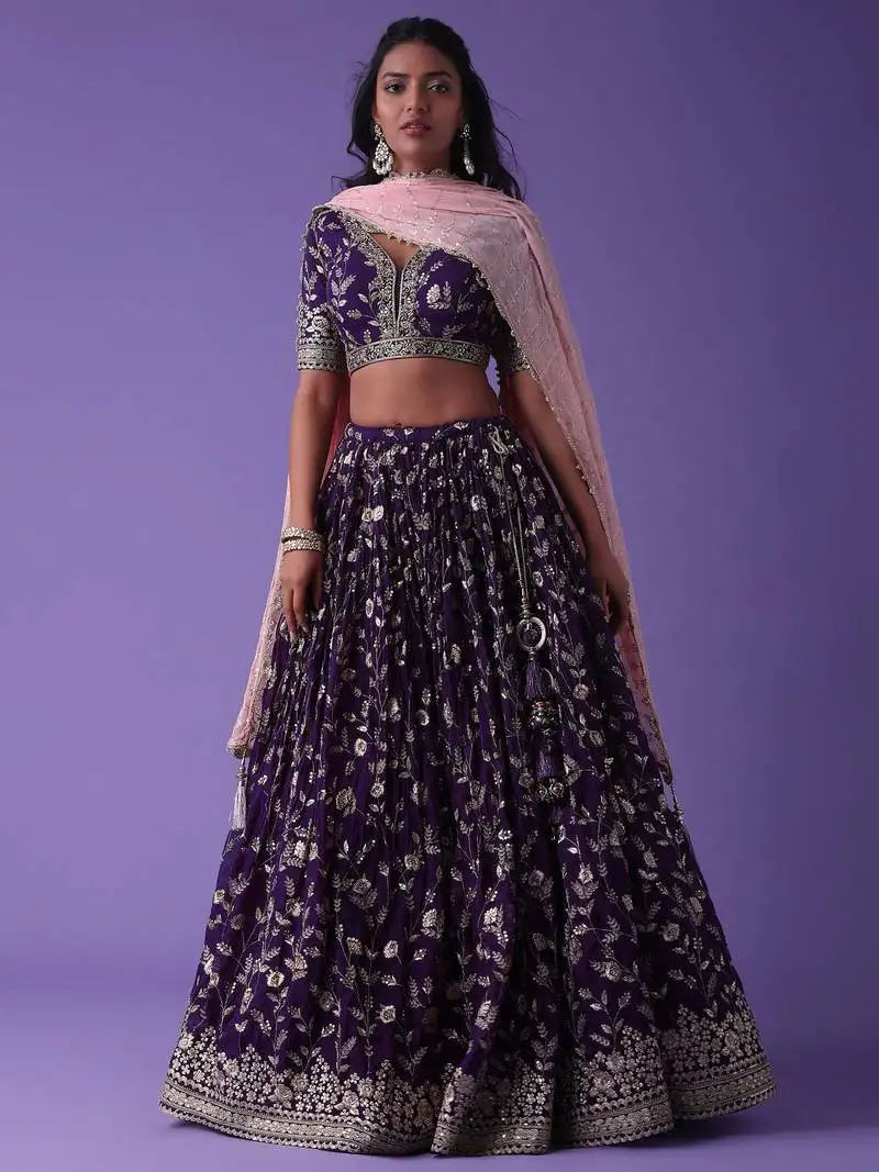 Precious purple zari embroidered georgette lehenga choli with dupatta