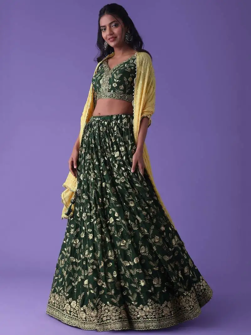 Lovely green zari embroidered georgette mehendi wear lehenga choli
