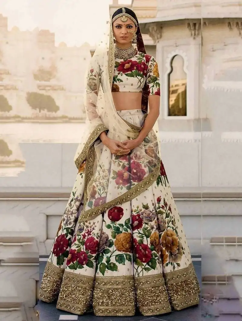 Cream floral digital printed art silk bridal lehenga choli