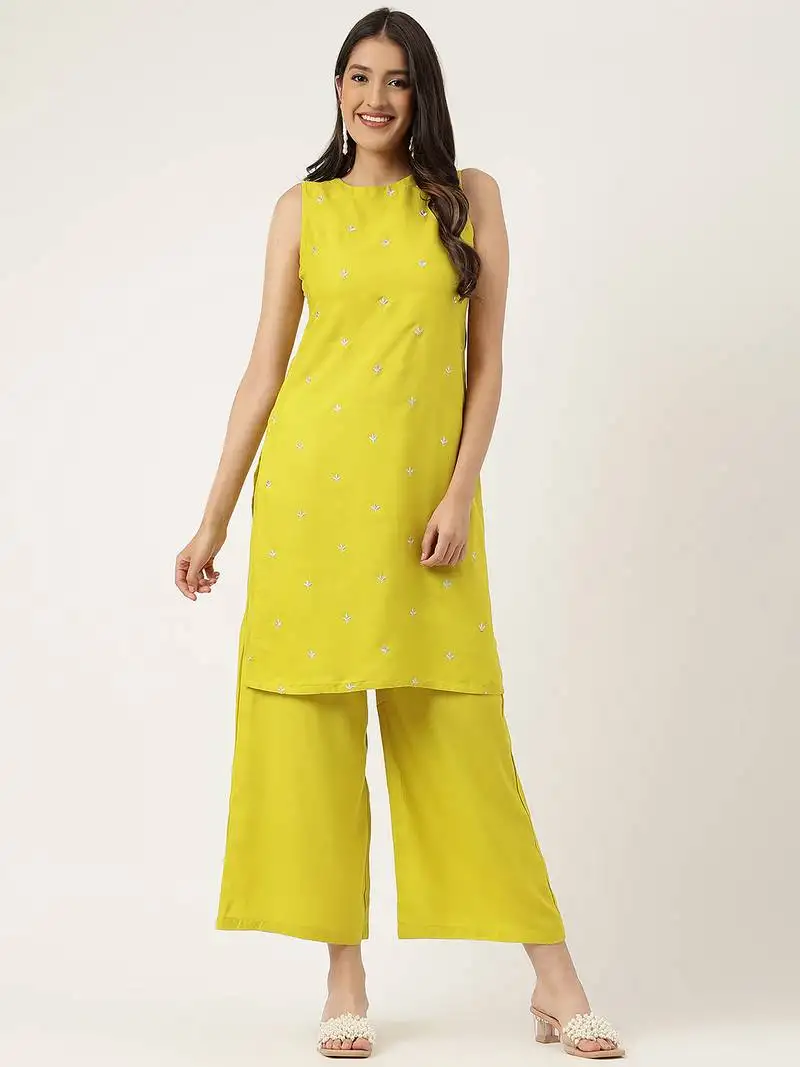 Women mustard rayon & embroidered work straight kurta bottom set