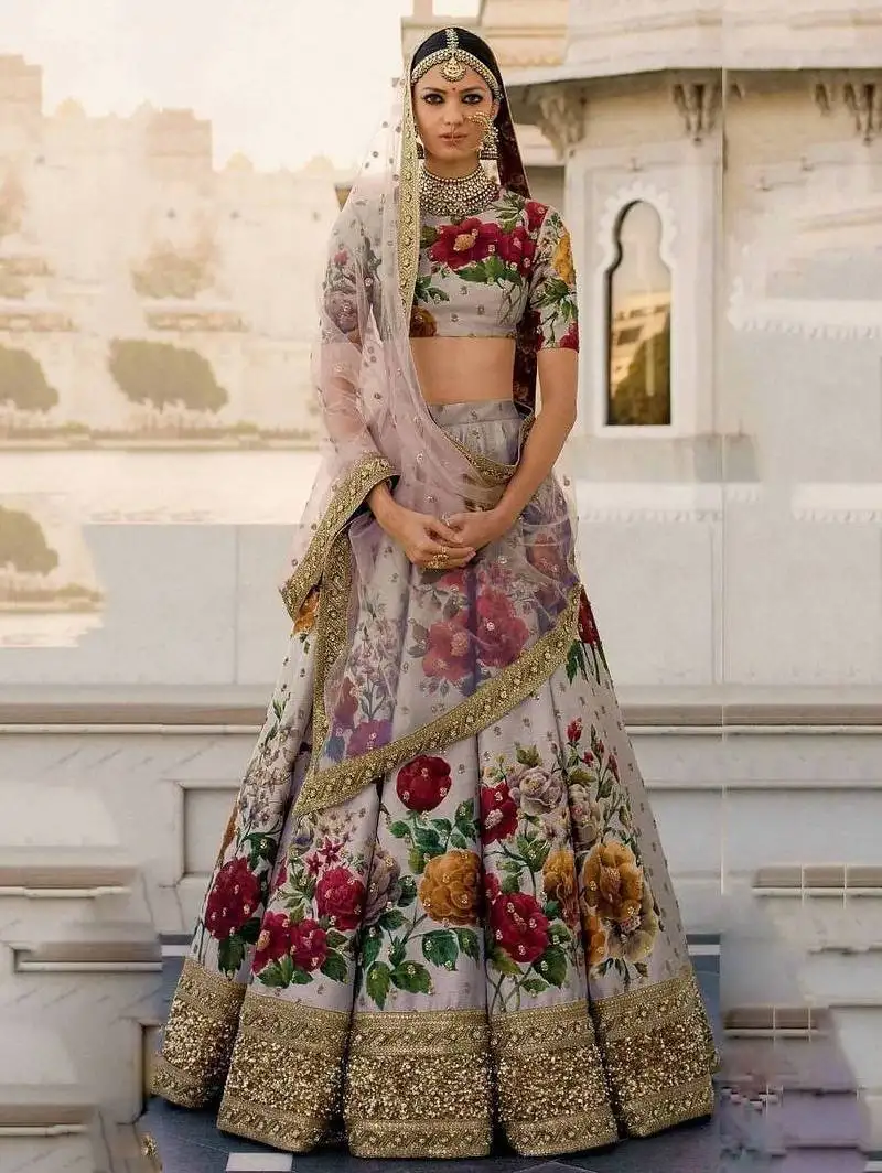Gray floral digital printed art silk bridal lehenga choli