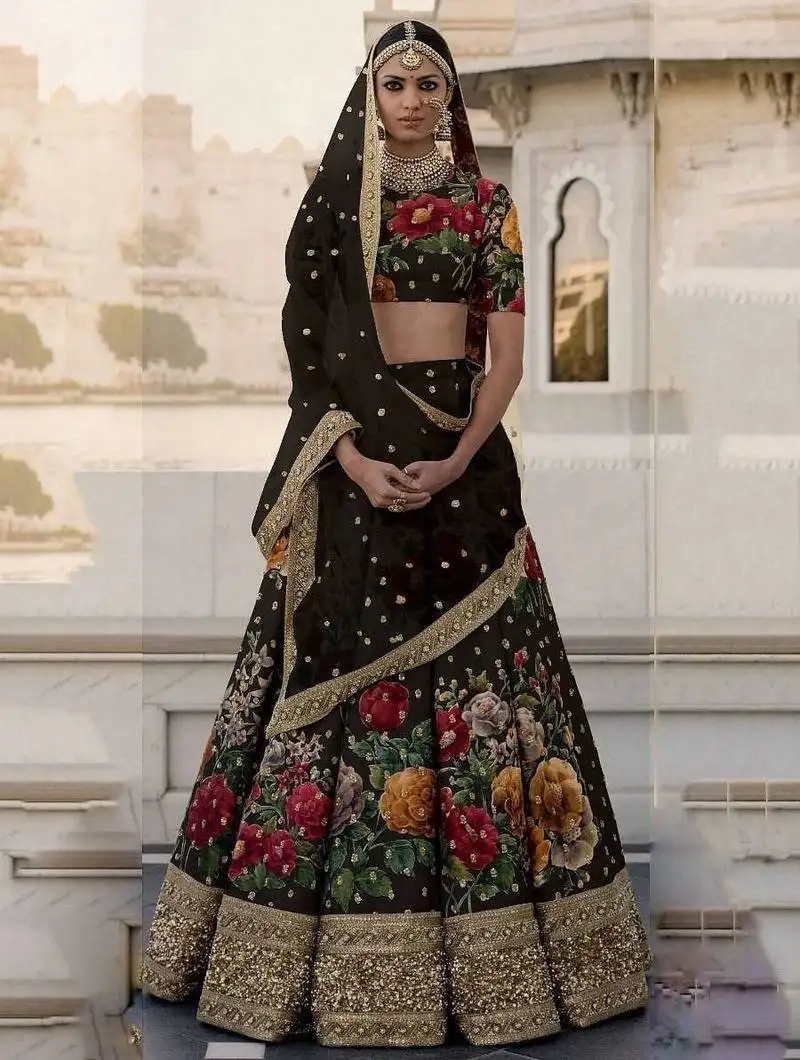 Black floral digital printed art silk bridal lehenga choli