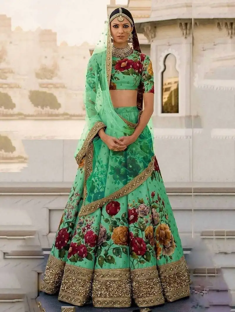 Green floral digital printed art silk bridal lehenga choli