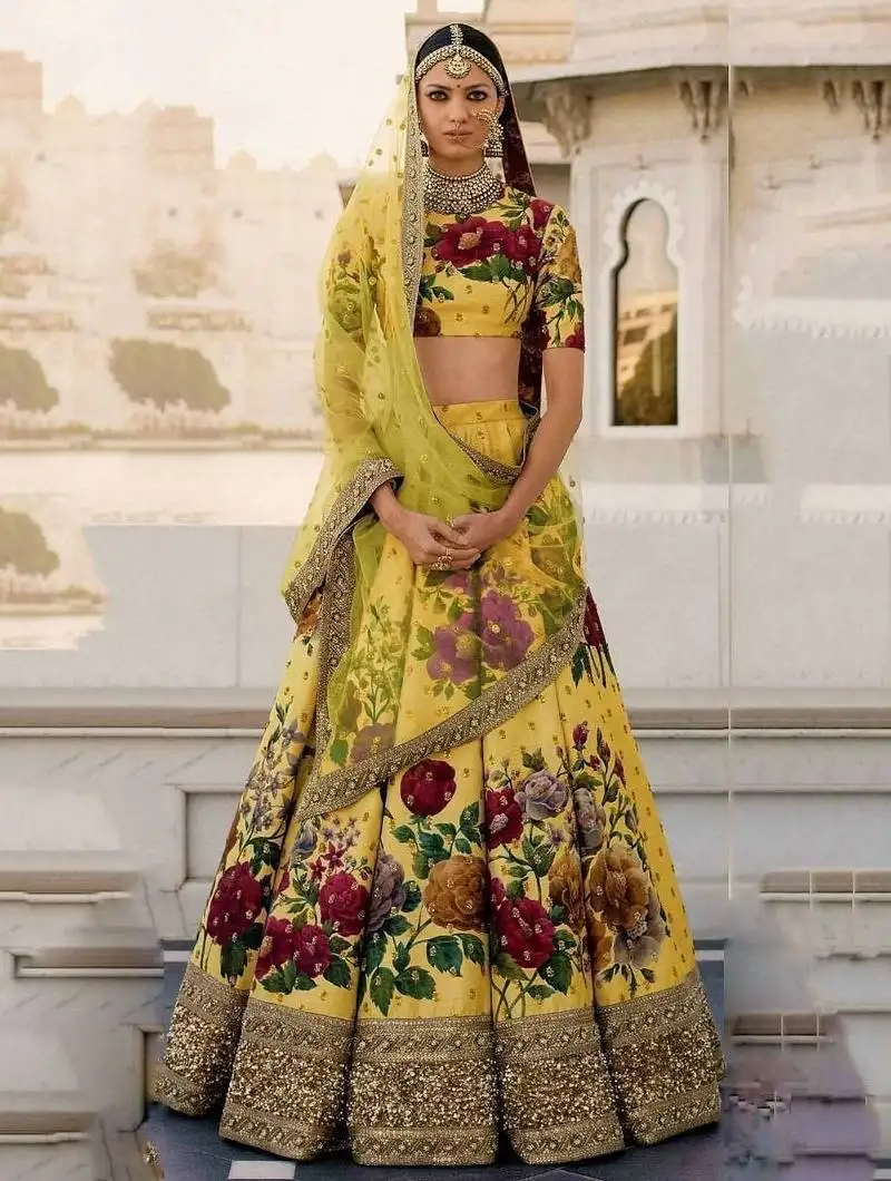 Yellow floral digital printed art silk bridal lehenga choli