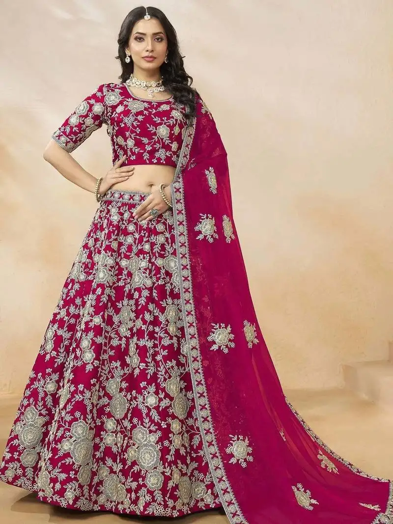 Dazzling pink silk thread embroidered lehenga choli