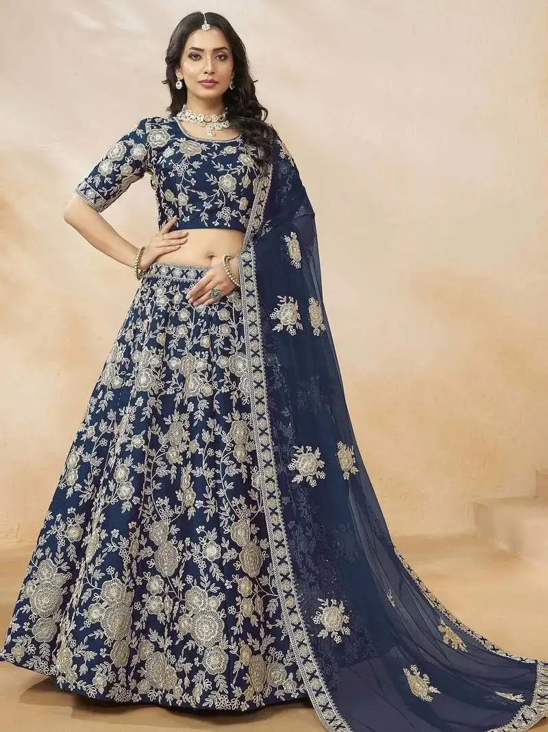 Attractive blue silk embroidered lehenga choli with dupatta