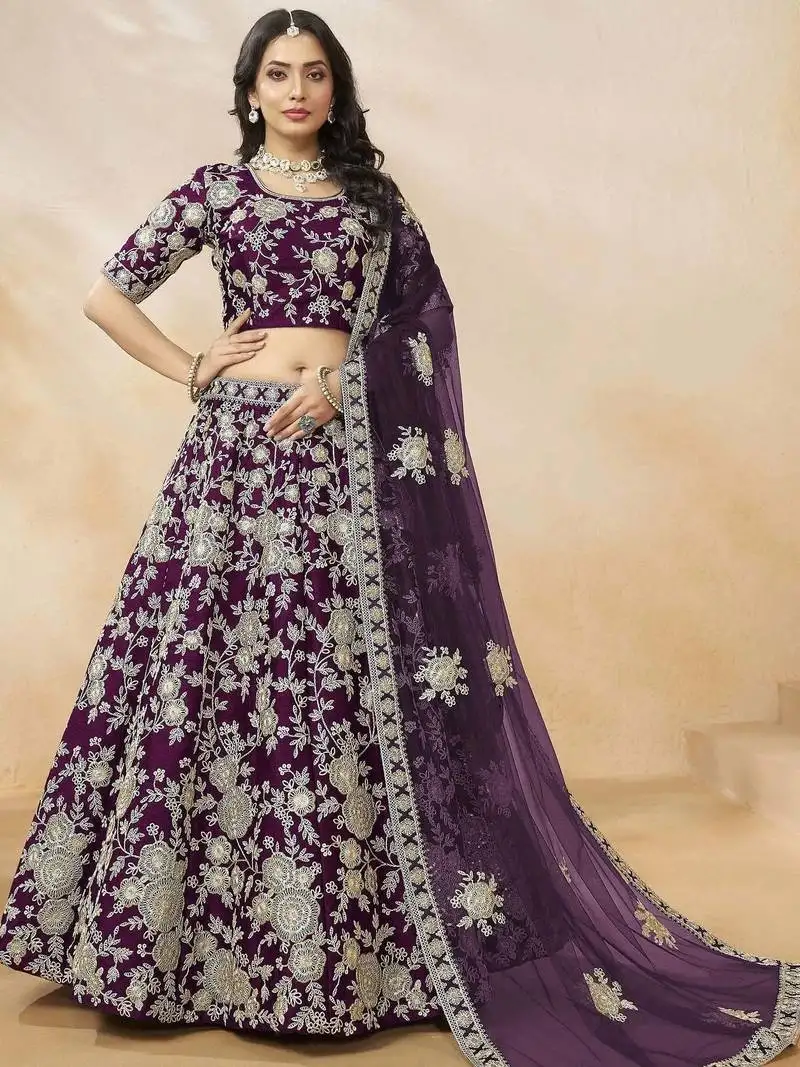 Alluring purple silk wedding wear lehenga choli with dupatta