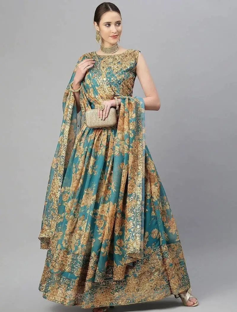 Teal & peach-coloured embellished sequinned embroidered indian wedding lehenga dress