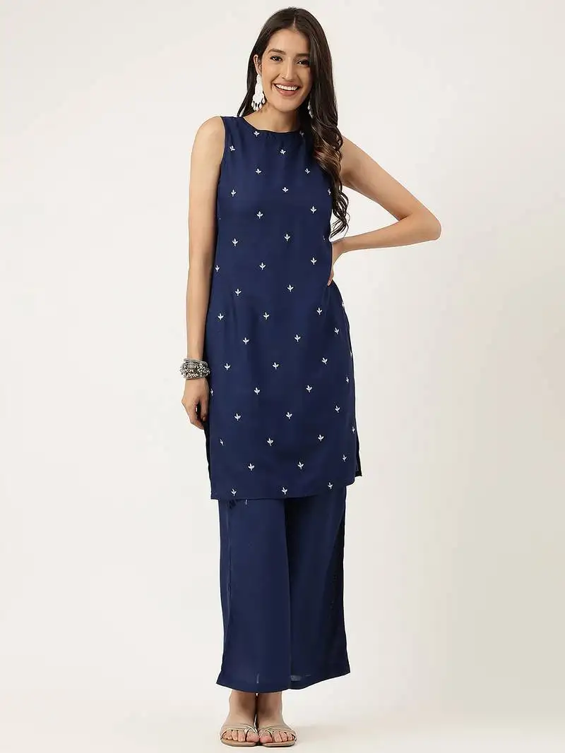 Women navy blue rayon & embroidered work straight kurta bottom set