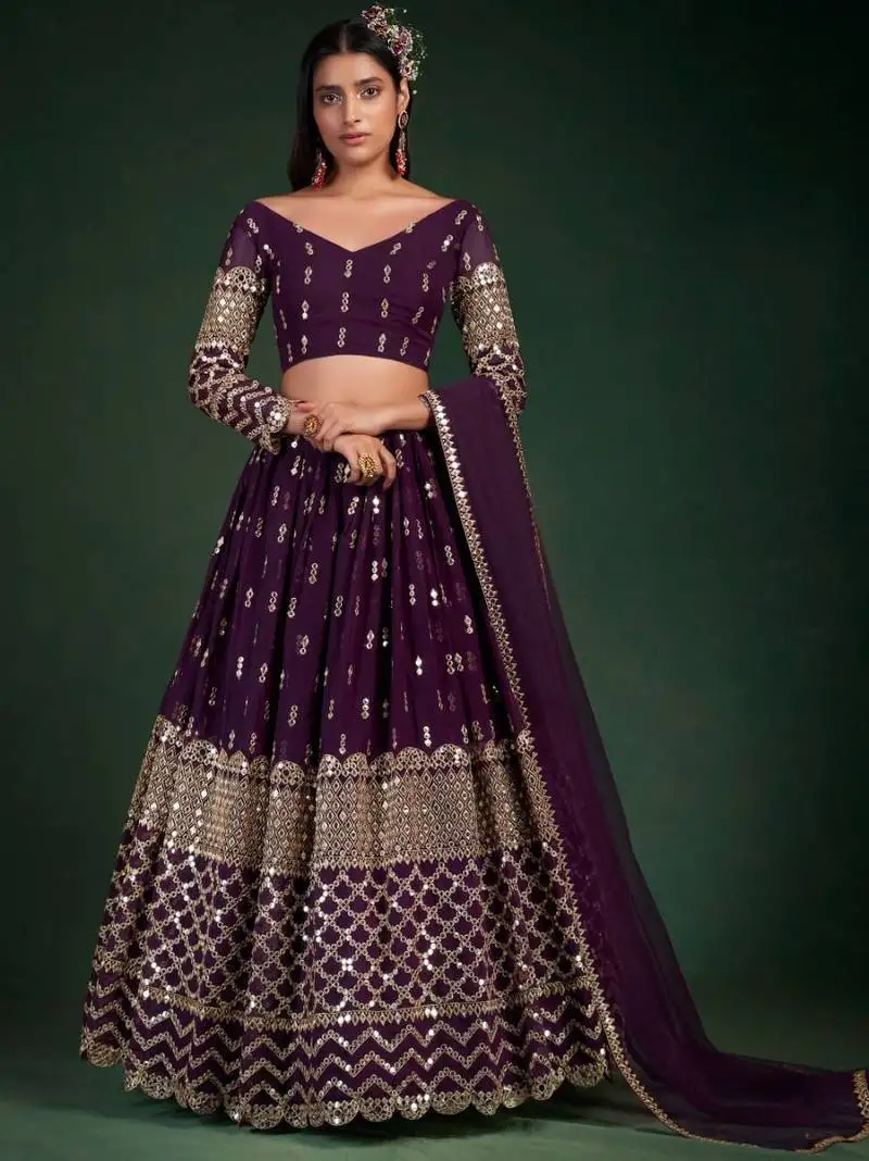 Alluring dark purple zari work georgette wedding wear lehenga choli