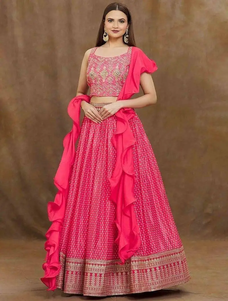 Stunning pink digital printed chinon reception wear lehenga choli