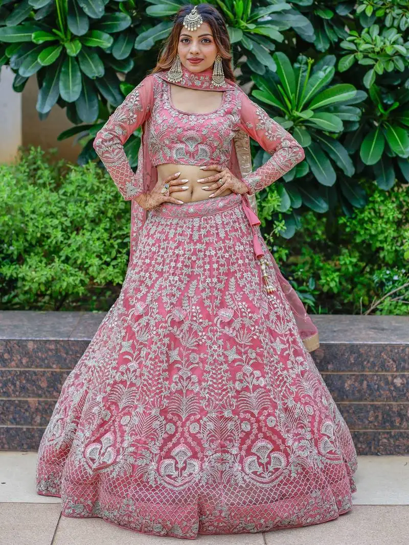 Beautiful pink dori work soft net ceremony wear lehenga choli