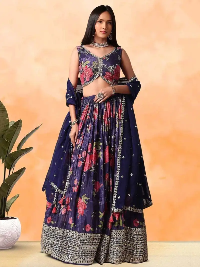 Purple floral printed chinon lehenga choli with dupatta