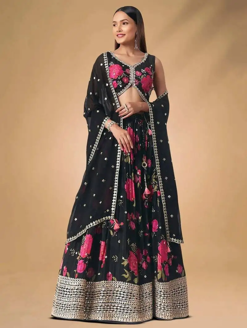 Black chinon floral printed lehenga choli