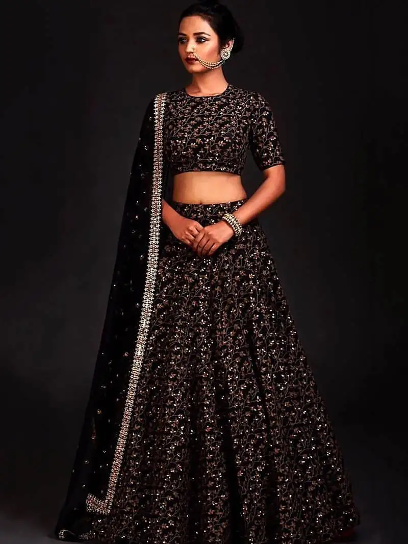 Black zari embroidered silk bridal lehenga choli
