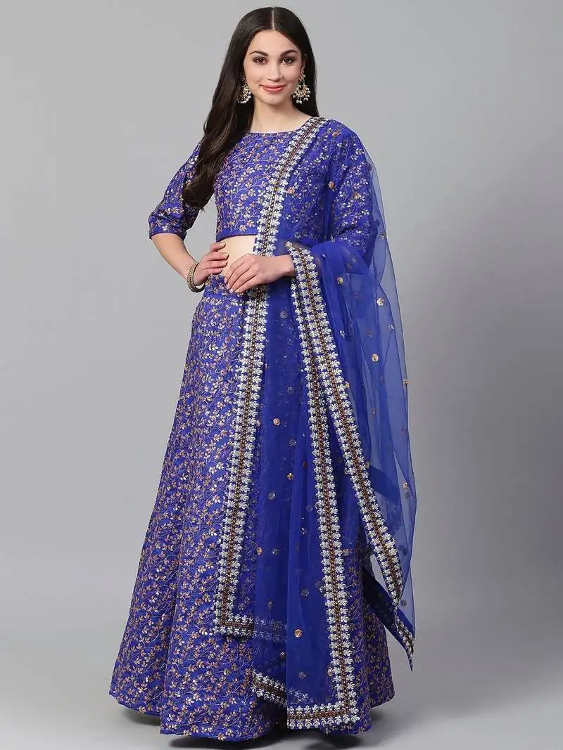 Blue & golden semi-stitched party wear lehenga & unstitched blouse with dupatta