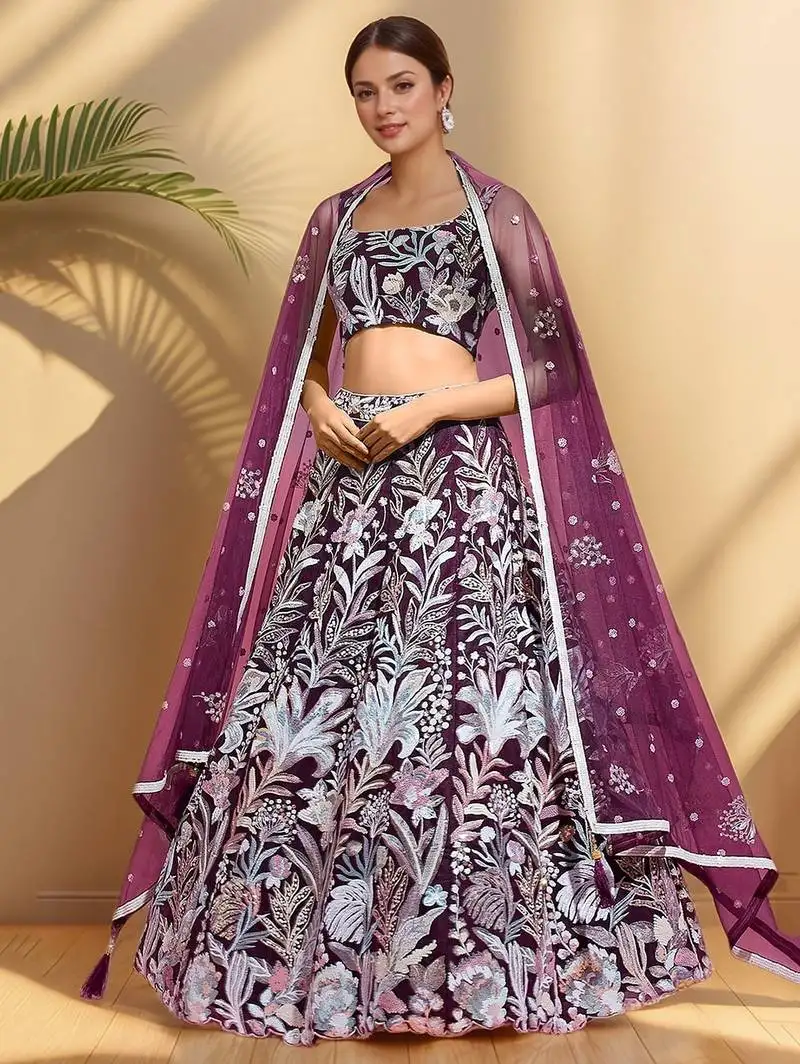 Dazzling wine sequins net engagement wear lehenga choli