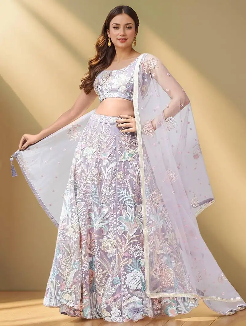 Glamorous lavender sequins net bridesmaid lehenga choli with dupatta
