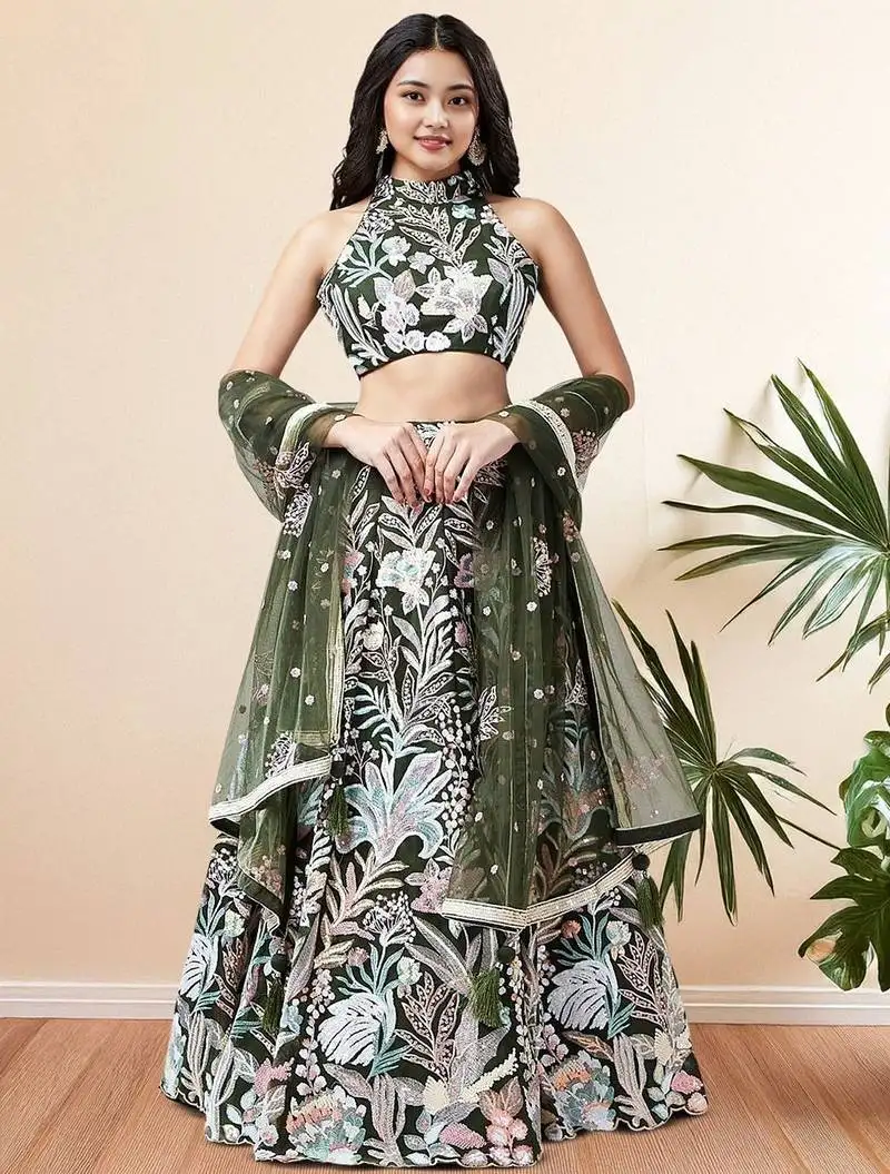 Glamorous green sequins net designer lehenga choli with dupatta