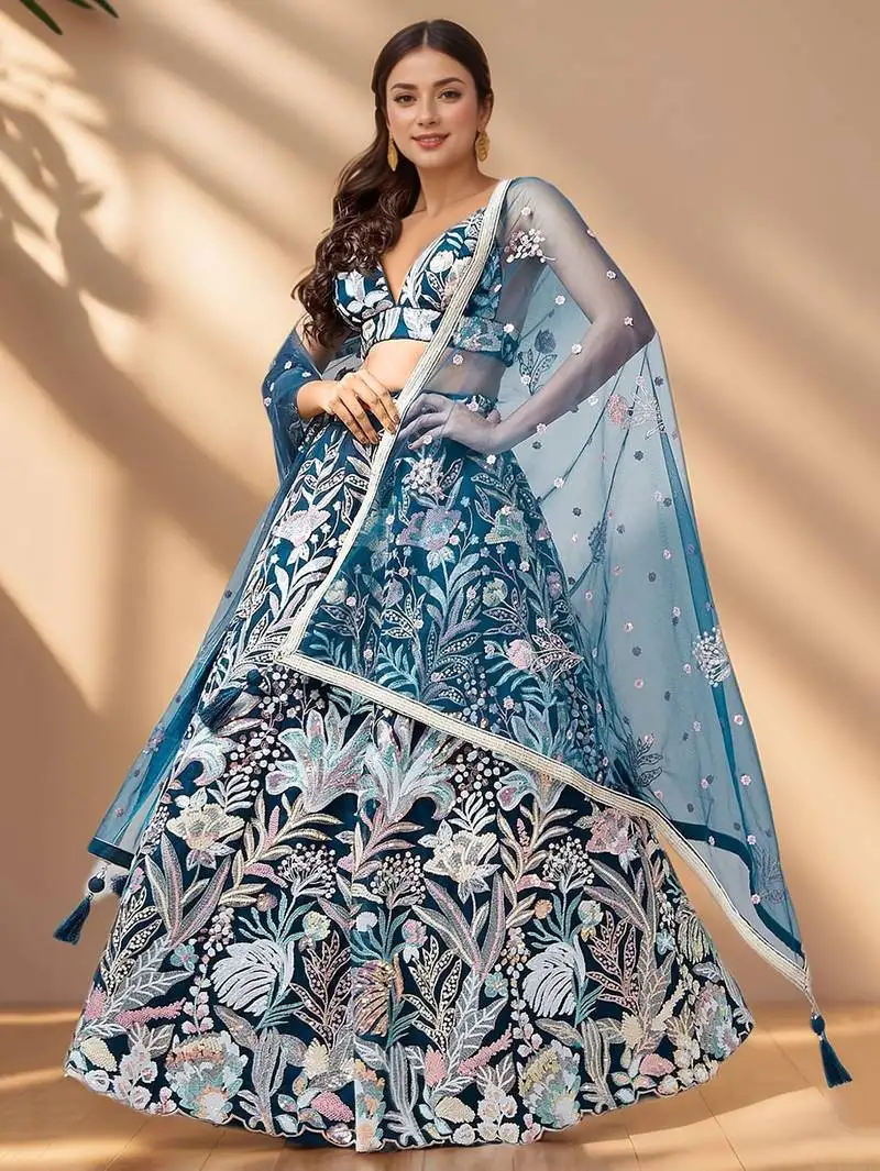 Stunning teal blue sequins net designer lehenga choli with dupatta