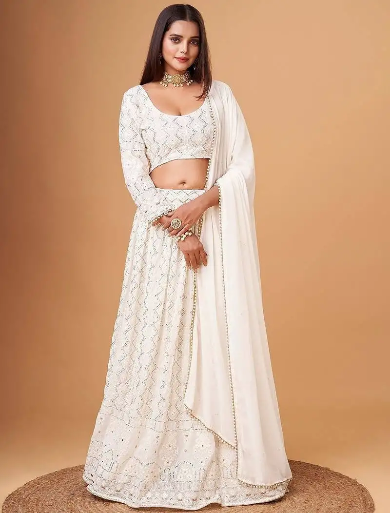 Fascinating white thread work georgette bridesmaid lehenga choli