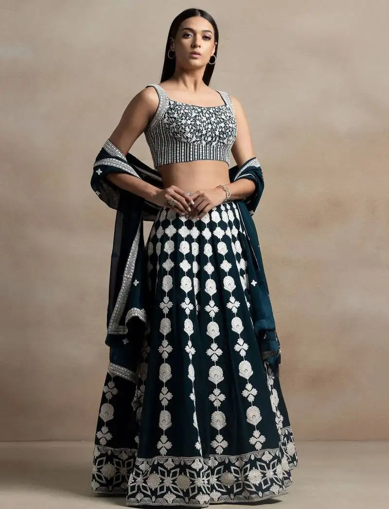 Dark green thread work georgette lehenga choli