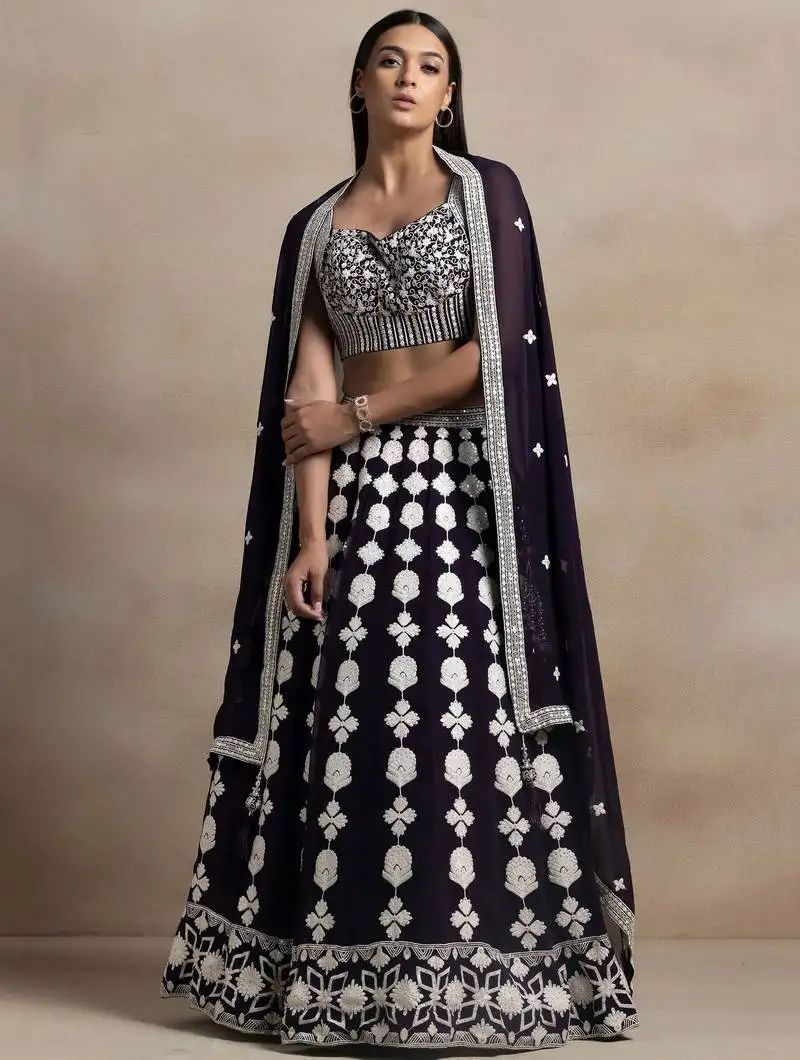 Dark purple thread work georgette lehenga choli