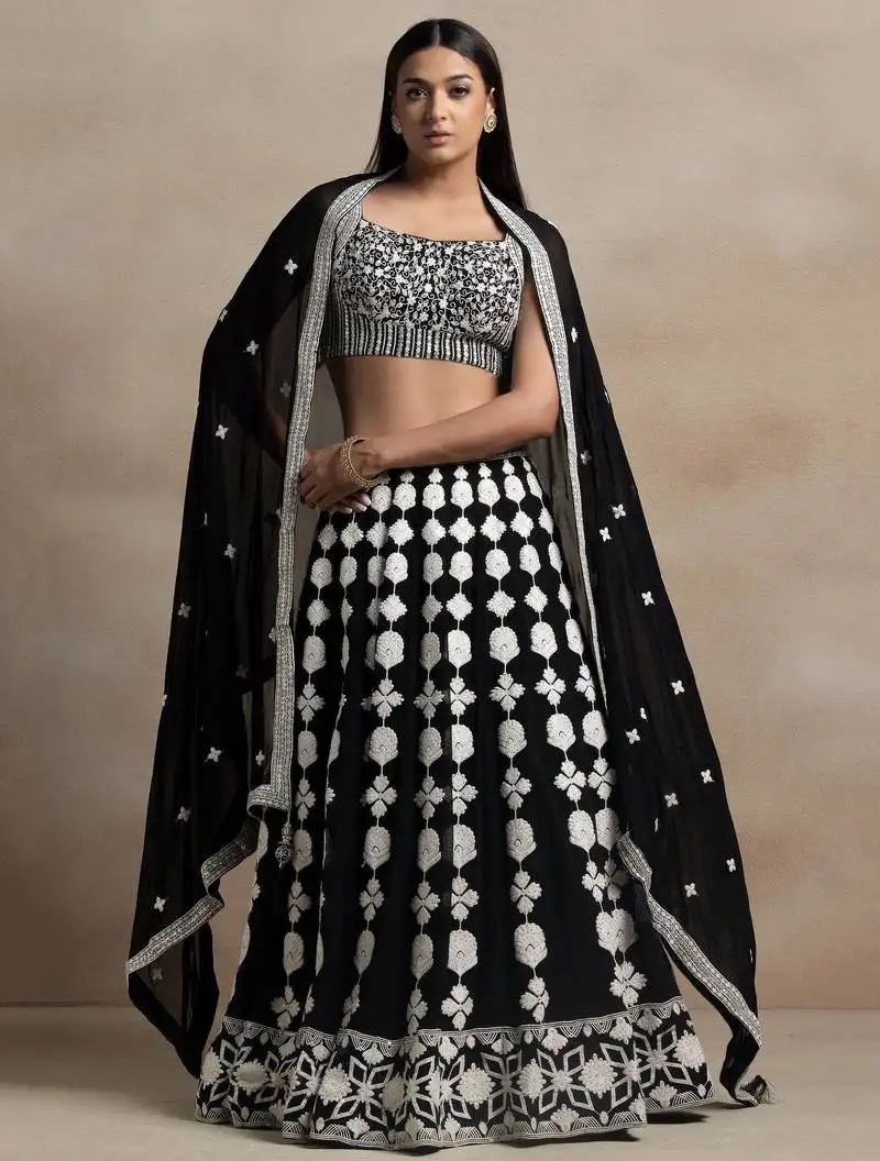 Black thread embroidered georgette lehenga choli