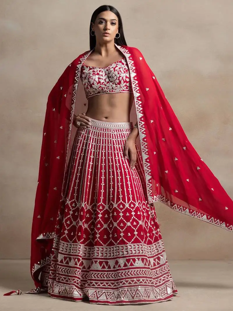 Red thread work georgette lehenga choli