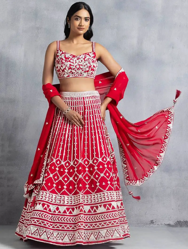 Red thread embroidered georgette lehenga choli