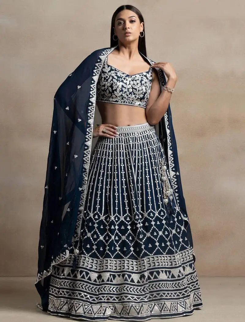 Navy blue thread embroidered georgette lehenga choli