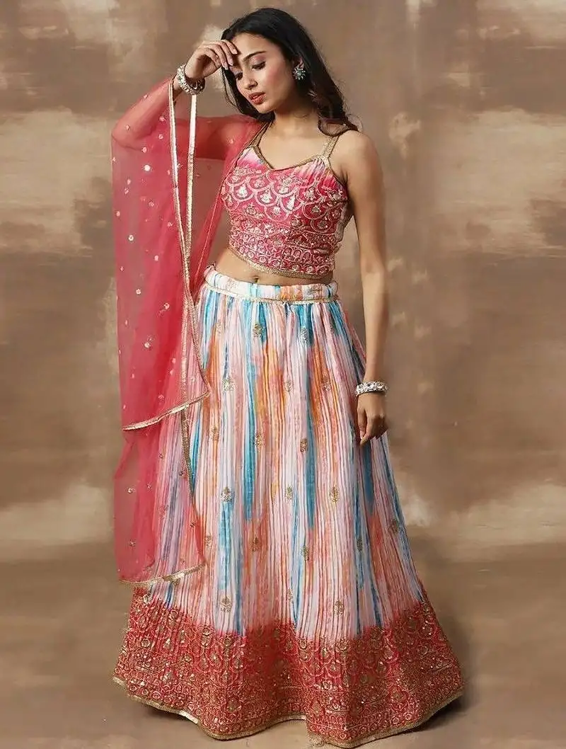 Fascinating white & pink zari work chinon event wear lehenga choli
