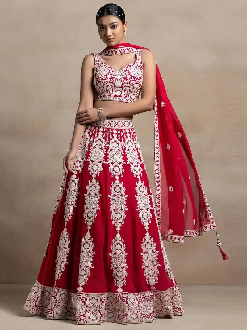 Red thread work georgette lehenga choli dress