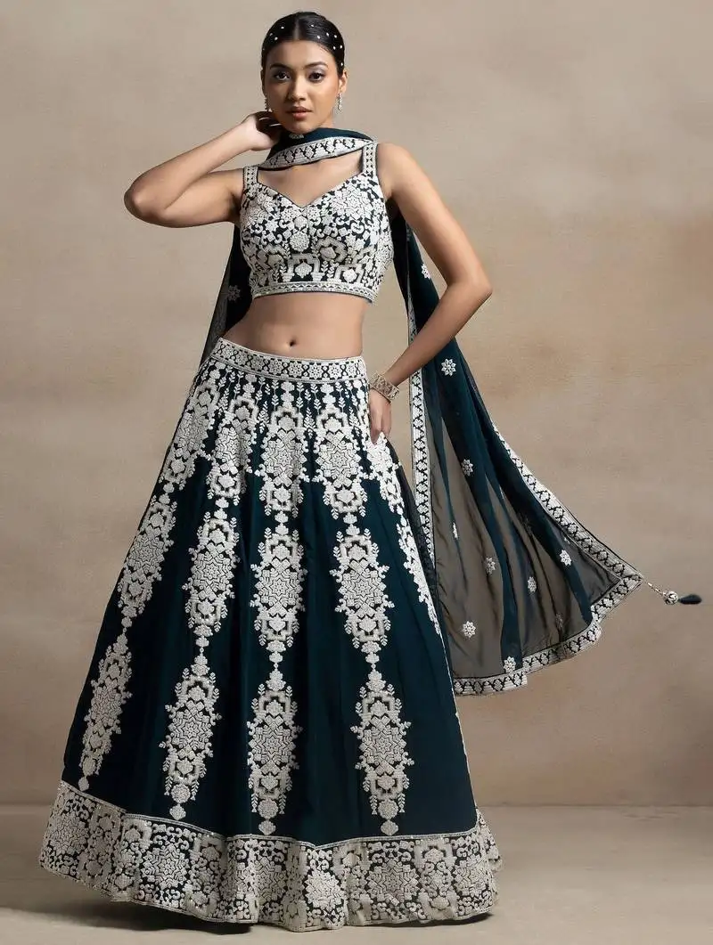 Dark green thread embroidered georgette lehenga dress